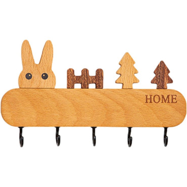Suport pentru Chei,  din Lemn, Aplicare fara Perforare, Adeziv Inclus, 5 Carlige Negre, Model Iepure, Greutate Suportata 5 kg, 13.5 x 22 cm, Maro
