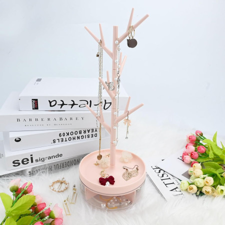 Cutie de Bijuterii,  Rotativa, cu Suport Tip Ramura, 36.5 x 14 cm, din ABS+PP, Roz