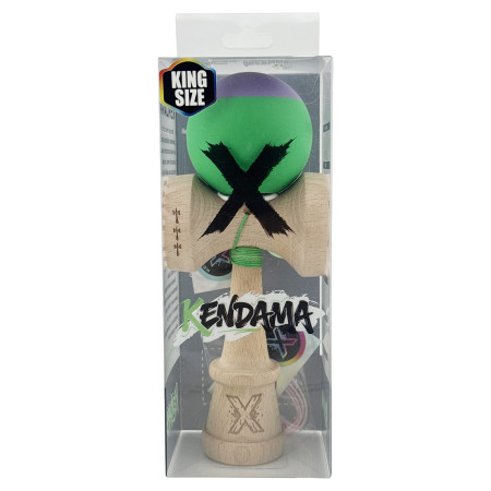 Kendama X Originala, Profesionala, Cyrax, Rubber Grip, Cupe Mari KING SIZE V3, Gaura in Baza, Rulment Metalic, din lemn 18 cm, Ata 62/65 cm, Bicolor Mov/Verde