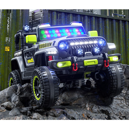 Masina Electrica pentru Copii, Cyrax, Off-Road, Conectare Bluetooth, telecomanda, Tractiune Spate, Lumina Intermitenta, Baterie 12V 7Ah, 120 x 63 x 68cm, Gri