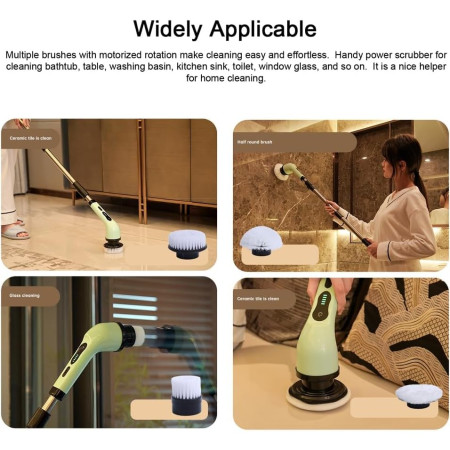 Perie Electrica de Curatare,  pentru Gresie, Baie, Bucatarie, 25x20x9.5 cm, cu 6 Capete, Maner Extensibil Detasabil 84-127cm, Incarcare USB-Type C, Rotire 360 de Grade, 3000 mAh, Culoare: Verde