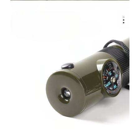 Kit supravieturie  Fluier multifunctional 7 in 1, pentru drumetii, hiking, lupa, fluier, termometru, depozitare pastile, busola, din material ABS, cu snur,  9,7 x 2,8 cm, verde