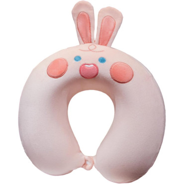 Perna de Calatorie in Forma de U,  Pentru Gat si Cap, Umplutura din Spuma cu Memorie, 30x30 cm, Model Iepuras, Accesoriu de Voiaj, Birou, Masina, Sistem Prindere Capse, Roz