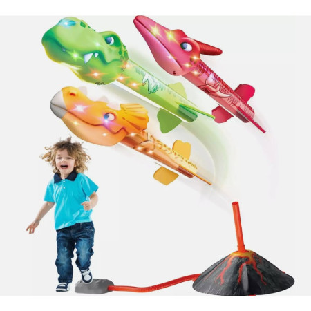 Jucarie pentru Copii, Cyrax, Lansator de Rachete cu Piciorul, un Singur Lansator, 3 Rachete Donozauri cu Lumini, 30 cm Inaltime, Model Vulcan, Multicolor
