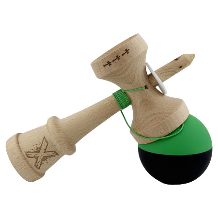 Kendama X Originala, Profesionala, Cyrax, Cupe Mari KING SIZE V3, Rubber Grip, Gaura in Baza, Rulment Metalic, din lemn 18 cm, Ata 62/65 cm, Bicolor Verde/Negru