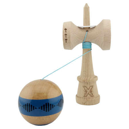 Kendama X Originala FREQUENCY, Profesionala, Cyrax, Cupe Mari KING SIZE V3, Super Sticky, Gaura in Baza, Rulment Metalic, din lemn 18 cm, Ata 55 cm, Albastru/Maro