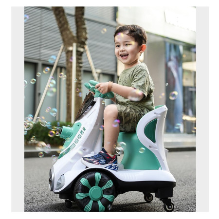 Masinuta electrica cu telecomanda pentru copii, Cyrax, roti spate rotire 360, curea siguranta, baloane de sapun, lumini si sunete, self control si prin telecomanda, cu pedale de acceleratie si frana, verde