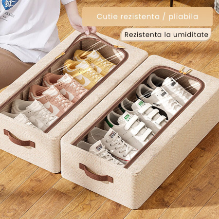 Cutie Depozitare cu Cadru Metalic,  pentru Incaltaminte, Haine, Lingerie, Fermoar Calitativ, Fereastra Transparenta, Manere Laterale, 60 x 30 x 15 cm Bej