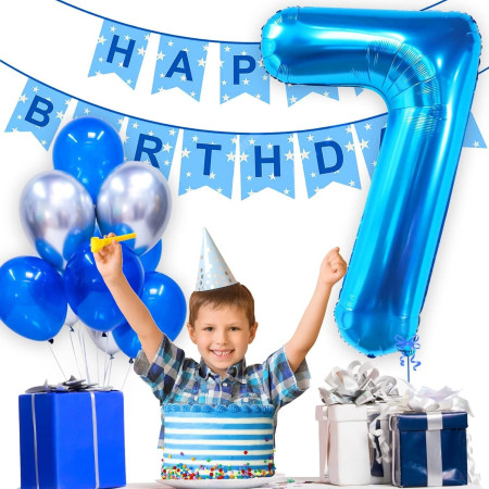 Balon din Folie Metalizata, Cyrax, Figurina Cifra, Tema Aniversare 100 cm, Ambalaj Individual, Pai inclus, Umflare cu Aer sau Heliu, Albastru, Cifra 7