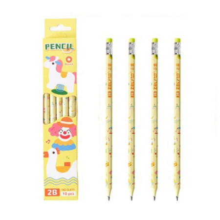 Set 10 Creioane Negre,  2B, pentru Elevi Scoala, cu Radiera, Model Galben cu Circ