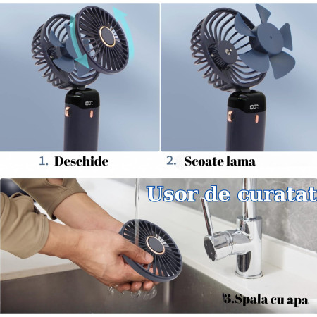 Ventilator Ultra Portabil cu Aromaterapie,  3 in 1, de Mana, de Birou, de Gat, 5 Trepte de Viteza, Incarcare USB, Autonomie 12h, Pliabil, cu Ecran LCD, Albastru