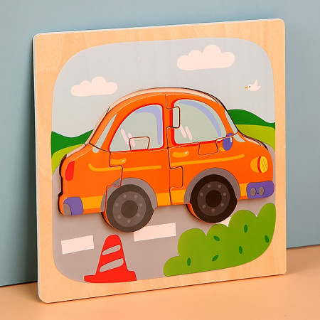 Puzzle Montessori din Lemn pentru Copii, Cyrax, 3D, 0-3 Ani, Model Masina, Educativ, Intuitiv, Creativ, 5 Piese, 15x15x0.5 cm, Multicolor