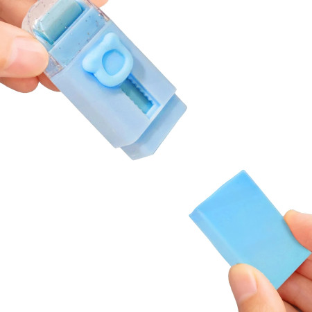 Radiera Retractabila,  Model Ursulet, Reglare Push-Pull, Radiera de tip Push, Doua Radiere de Rezerva in set din Cauciuc, Albastru deschis