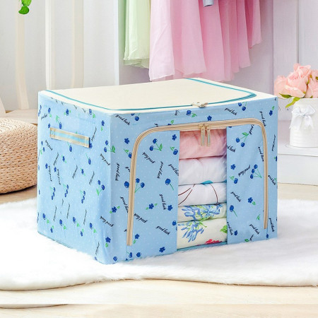 Cutie de Depozitare Pliabila,  24 L, Panza Oxford, 40x30x20 cm, Fereastra Frontala, 2 Usi de Acces cu Fermoar Bidirectional, Cadru Metalic, Suport Baza Stabil din Plastic, Imprimeu cirese, Albastru