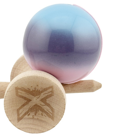 Kendama X Originala, Profesionala, Cyrax, Big Cups V2, Super Sticky cu Cupe Mari, din lemn 18 cm, Rulment Metalic cu Ata 55 cm, Albastru/Mov/Roz