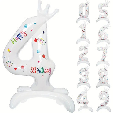 Balon din Folie Metalizata, Cyrax, Figurina Cifra, Model 4 cu Happy Birthday Scris, Tema Aniversare 81 cm, Ambalaj Individual, Pai Inclus, Umflare cu Aer sau Heliu, Alb