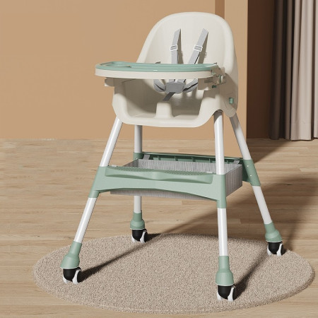 Scaun de Masa pentru Bebelusi si Copii, Cyrax, cu Roti, Telescopic, Pliabil, Masuta Reglabila, Suport Picioare, Scaun cu Invelis Piele Artificiala, Centura Siguranta, Spatiu Depozitare, 97x73x65 cm, Verde