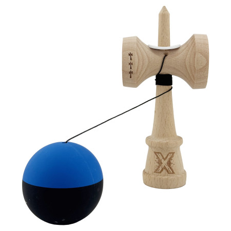 Kendama X Originala, Profesionala, Cyrax, Rubber Grip, Cupe Mari KING SIZE V3, Gaura in Baza, Rulment Metalic, din lemn 18 cm, Ata 62/65 cm, Bicolor Albastru/Negru