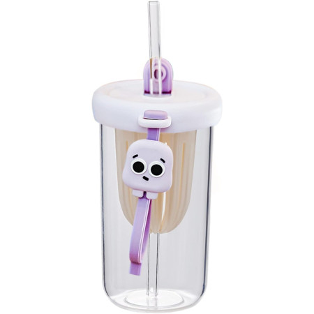 Pahar din silicon, cu capac si pai, pentru copii, Cyrax, anti-cadere, compartiment pentru fructe/ceai/gheata, rezistent la temperaturi inalte, 500ml, Mov, 14.5x8.8x20 cm