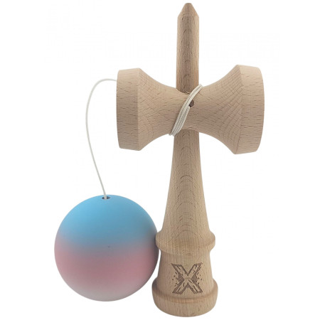 Kendama X Originala, Profesionala, Cyrax, din Lemn, Rubber Grip, 18 cm, Gradient Albastru/Roz/Alb