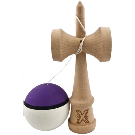 Kendama X Originala, Profesionala, Cyrax, din Lemn, 18 cm, Multicolor Mov/Negru/Alb