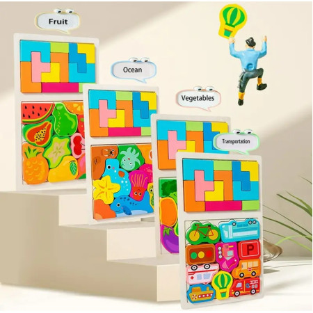 Puzzle Montessori din Lemn pentru Copii, Cyrax, Tip Tetris 2in1 +3 Ani, cu Legume Colorate 3D, Educativ, Intuitiv, Creativ, 21 de Piese, 28.5x17x1.2 cm, Multicolor
