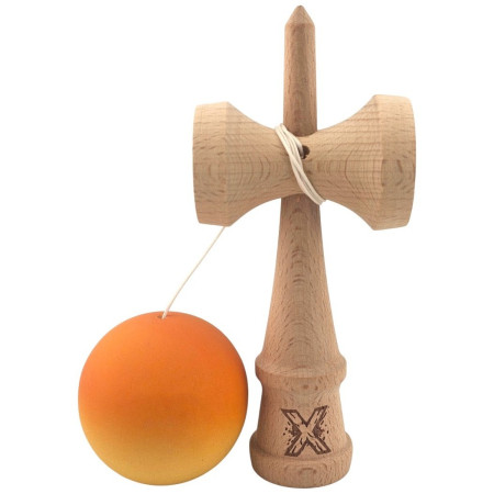 Kendama X Originala, Profesionala, Cyrax, Rubber Grip, din Lemn, 18 cm, Portocaliu/Galben
