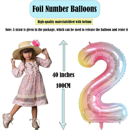 Balon din Folie Metalizata Gradient Cyrax, Figurina Cifra, Tema Aniversare 100 cm, Ambalaj Individual, Pai inclus, Umflare cu Aer sau Heliu, Multicolor, Cifra 2