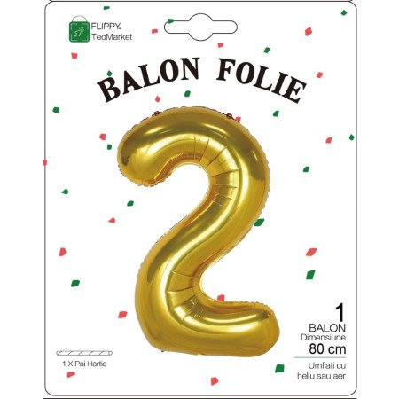 Balon din Folie Metalizata Cyrax, Figurina Cifra, Tema Aniversare 80 cm, Ambalaj Individual, Pai inclus, Umflare cu Aer sau Heliu, Auriu, Cifra 2
