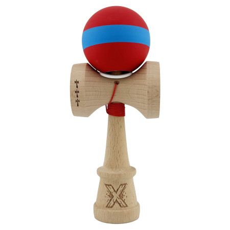 Kendama X Originala, Profesionala, Cyrax, Cupe Mari KING SIZE V3, Rubber Grip, Gaura in Baza, Rulment Metalic, din lemn 18 cm, Ata 62/65 cm, M Bicolor Rosu/Albastru