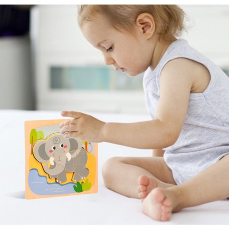 Puzzle Montessori din Lemn pentru Copii, Cyrax, 3D, 0-3 Ani, Model Elefant, Educativ, Intuitiv, Creativ, 4 Piese, 15x15x0.5 cm, Multicolor