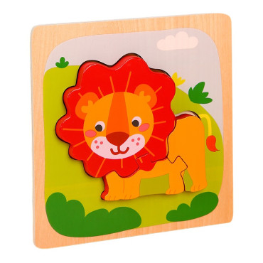 Puzzle Montessori din Lemn pentru Copii, Cyrax, 3D, 0-3 Ani, Model Leu, Educativ, Intuitiv, Creativ, 3 Piese, 15x15x0.5 cm, Multicolor