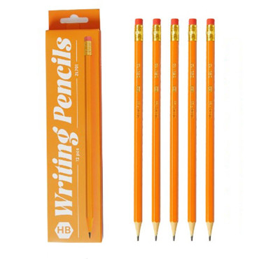 Set 12 Creioane Negre,  HB, pentru Scoala, cu Radiera, Model Portocaliu, 19 cm
