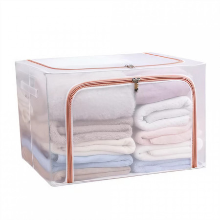 Cutie de Depozitare Pliabila,  Cu Fereastra si Fermoar Dublu Rosu, 66 L, Textil, 50x40x33 cm, Cadru Metalic, Impermeabila, Transparent