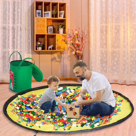 Cutie de Depozitare 2In1,  Impermeabila, Covor pentru Jucarii si Lego 150cm, Capacitate Mare, cu Manere, cu Sfori, Inaltime 40cm, Model Crocodil, Verde
