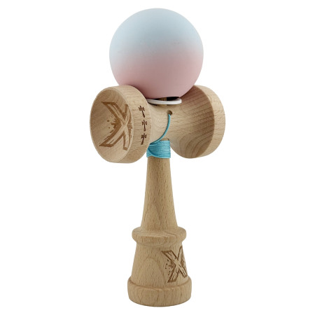 Kendama X Originala, Profesionala, Cyrax, Cupe Mari KING SIZE V3, Rubber Grip, Gaura in Baza, Rulment Metalic, din lemn 18 cm, Ata 62/65 cm, Gradient Albastru deschis/Roz