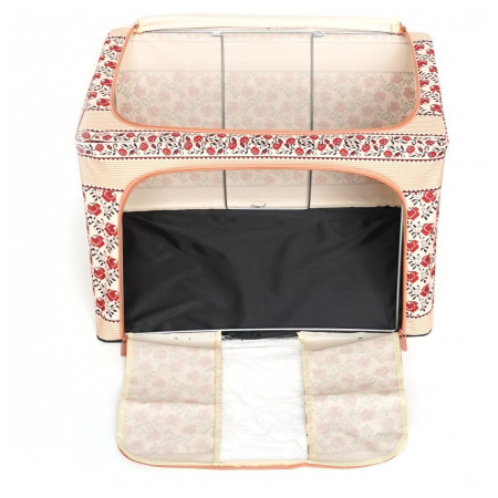 Cutie de Depozitare Pliabila,  66 L din Bumbac si In, 52 x 42 x 39 cm, Fereastra Frontala, 2 Usi de Acces cu Fermoar Bidirectional, Cadru Metalic, Suport Baza Stabil din Plastic, Motiv Traditional Model 7