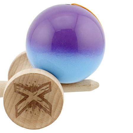 Kendama X Originala, Profesionala, Cyrax, Big Cups V2, Super Sticky cu Cupe Mari, din lemn 18 cm, Rulment Metalic cu Ata 55 cm, Mov/Albastru