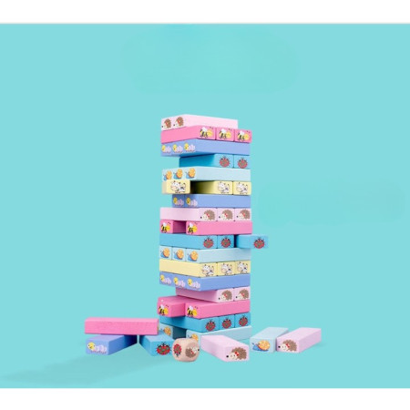 Joc de Societate, Cyrax, pentru Copii, din Lemn, Interactiv, Distractiv, Jenga Stack High Blocks, cu Zar, 51 de Piese Animate, 24.5x18x5 cm, Multicolor