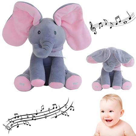 Jucarie Interactiva pentru Copii, Cyrax, Elefantel Peek-a-boo, Muzica, Misca Urechile, Alimentare cu Baterii, 30 cm, Roz-Gri